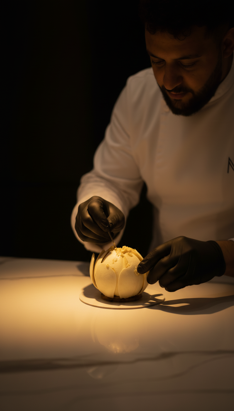 Le chef Hamza Hamdi sculpte une pièce trompe-l'œil sous un éclairage d'atelier — Atelier Mirage