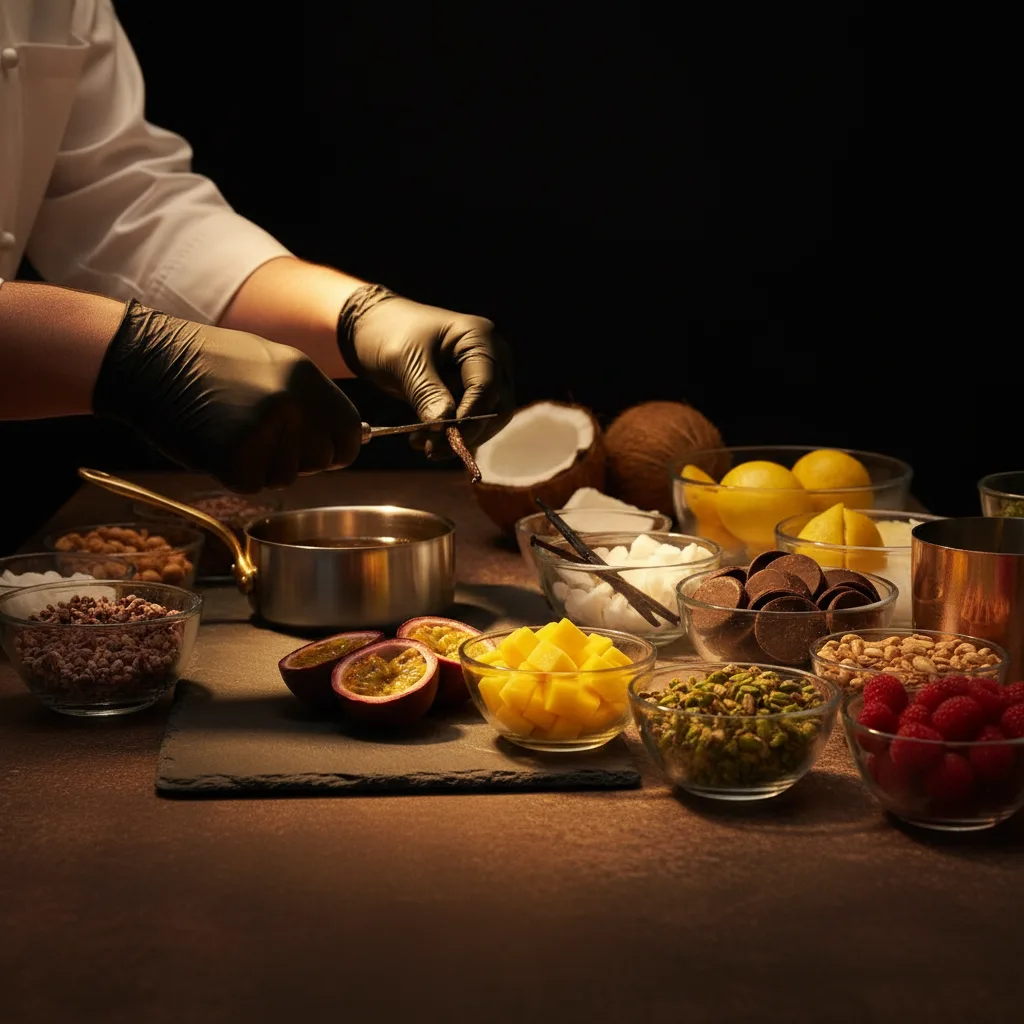 Fruits exotiques, pistaches, chocolat et épices disposés sur un plan de travail d'atelier