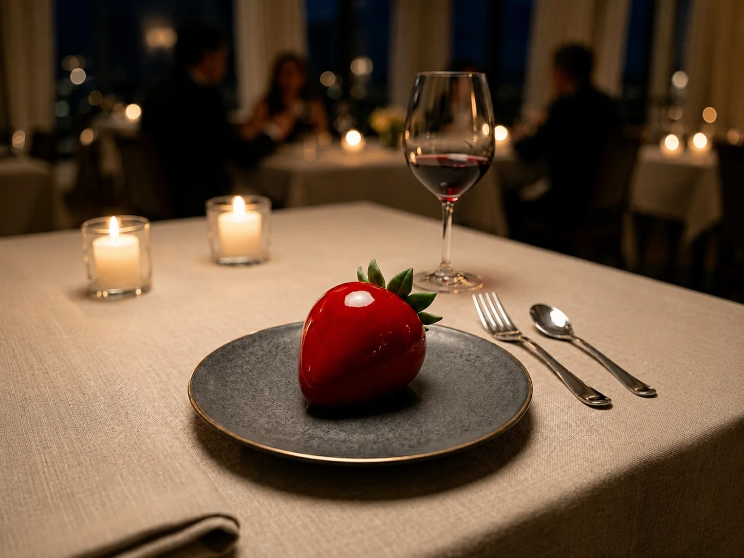 Dessert trompe-l’œil servi à la table d’un restaurant
